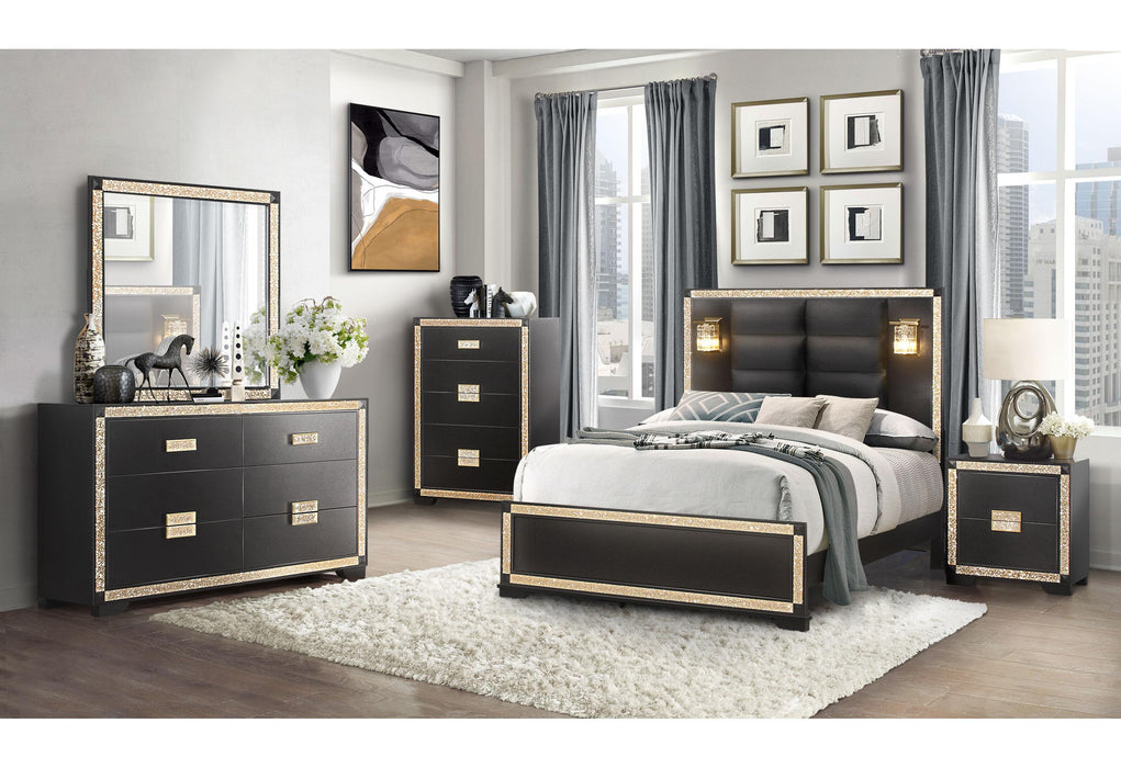BLAKE BLACK/GOLD FULL BED WITH LAMPS, DRESSER, MIRROR, NIGHTSTAND