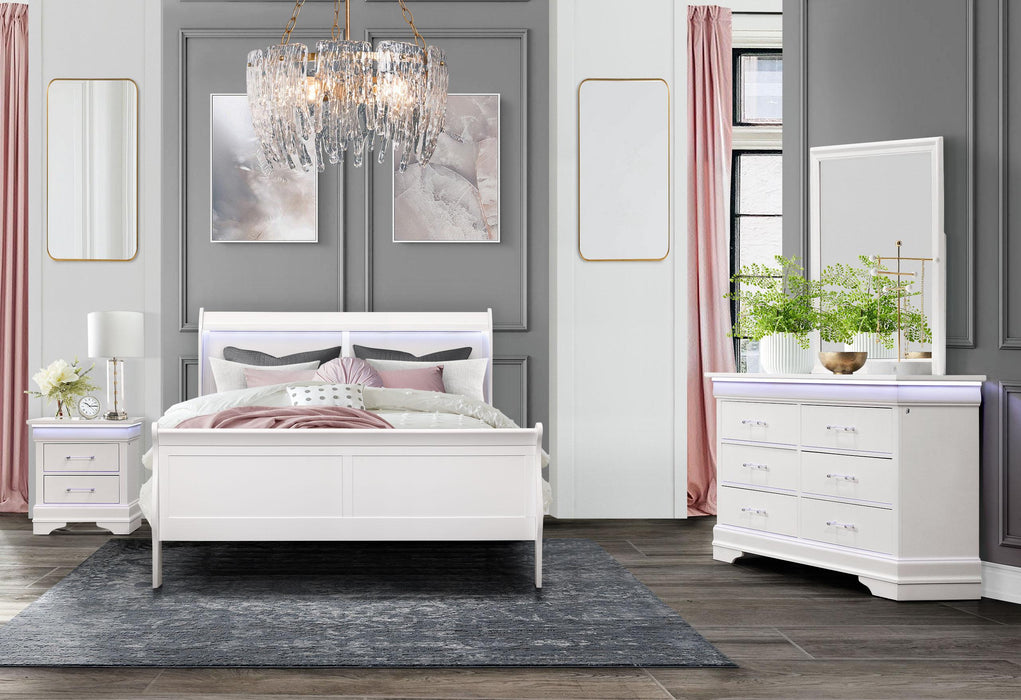 CHARLIE WHITE QUEEN BED WITH LED, DRESSER, MIRROR AND NIGTHSTAND