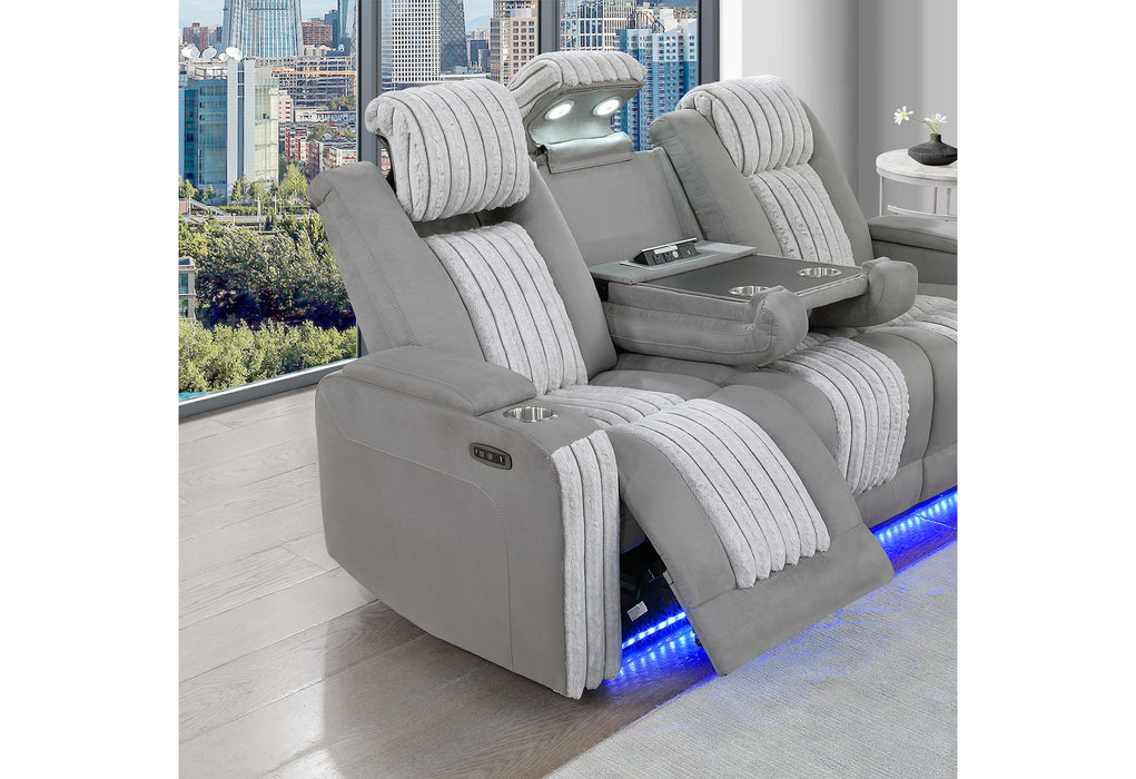 U8000 GREY PWR REC SOFA W/PHR, DDT, READING LIGHT & LED LIGHT
